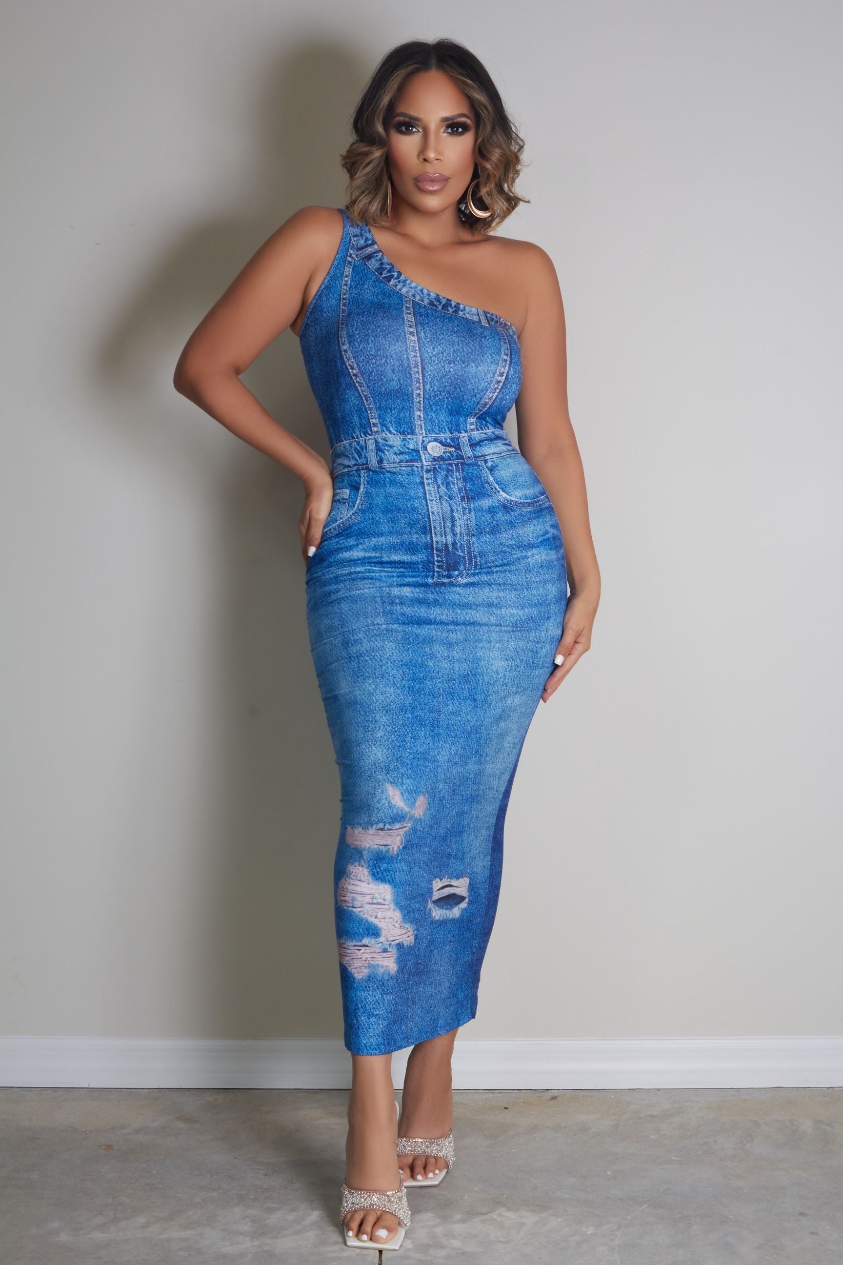 Ana One Shoulder Denim-Effect Print Dress