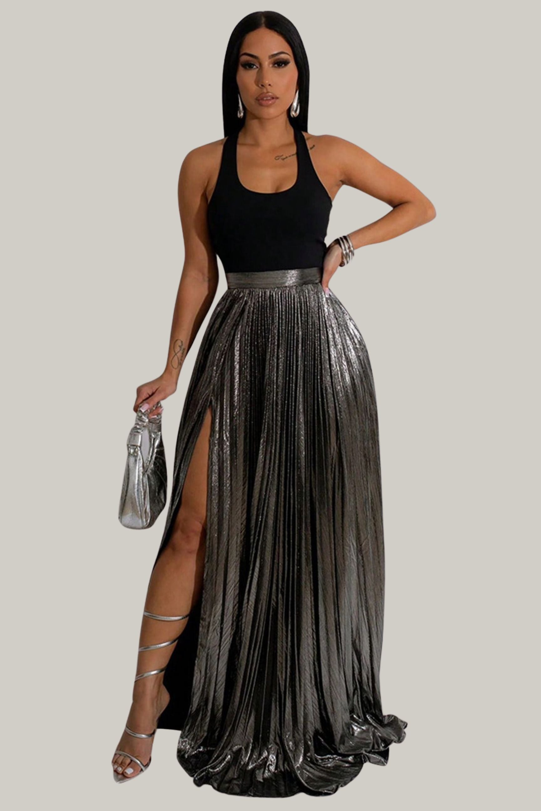 Artistic Allure Metallic High Slit Skirt