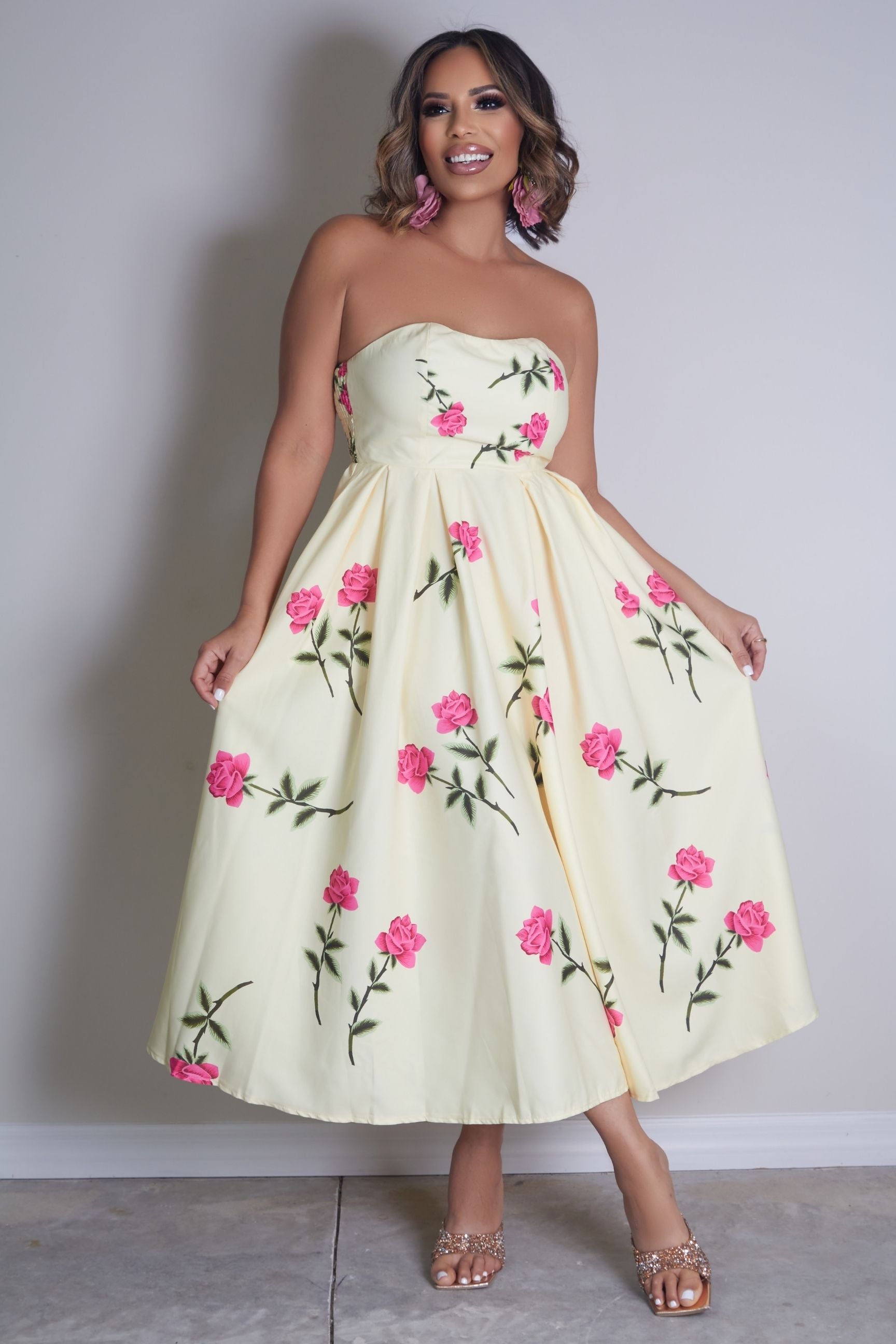 Avery Floral Printed Strapless Midi Dress