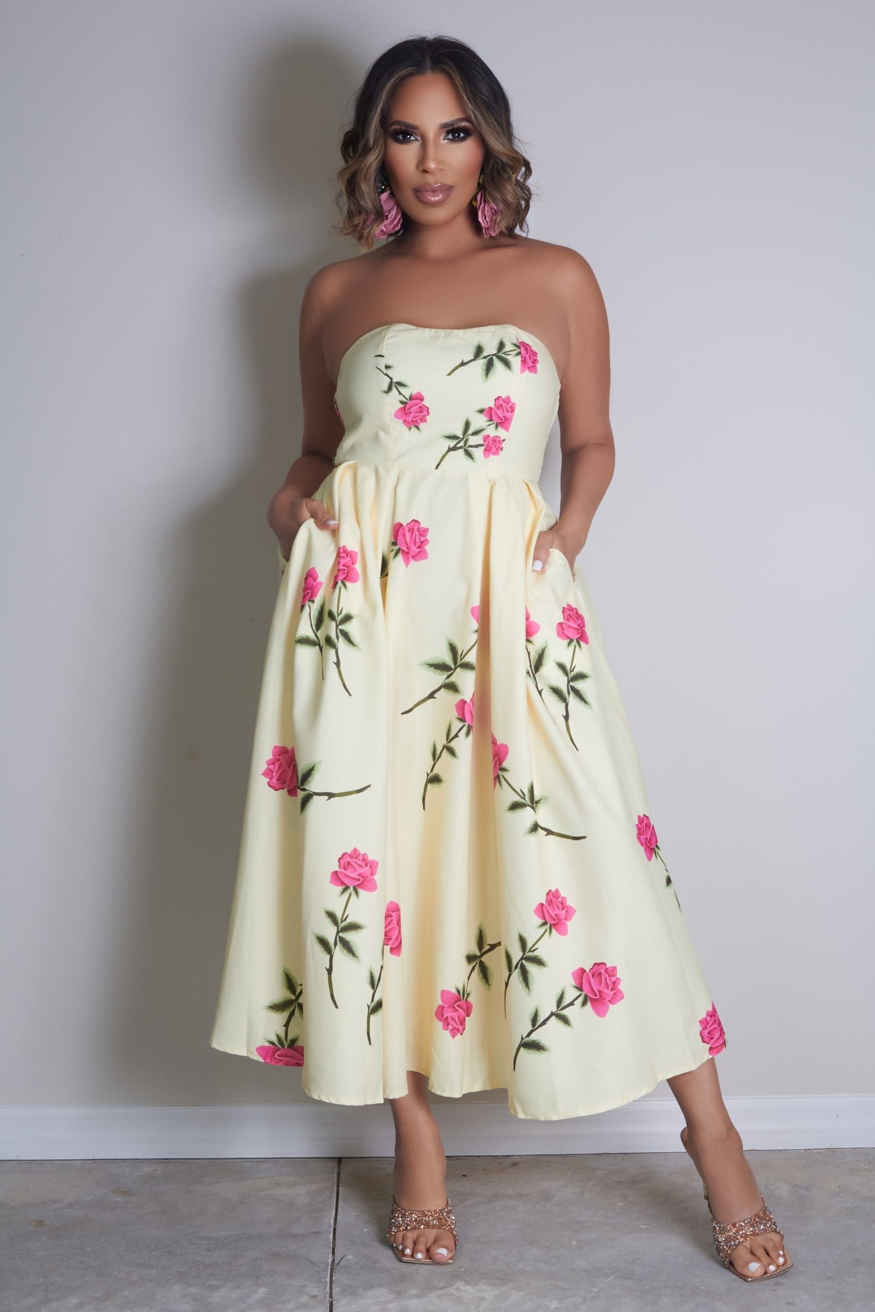 Avery Floral Printed Strapless Midi Dress