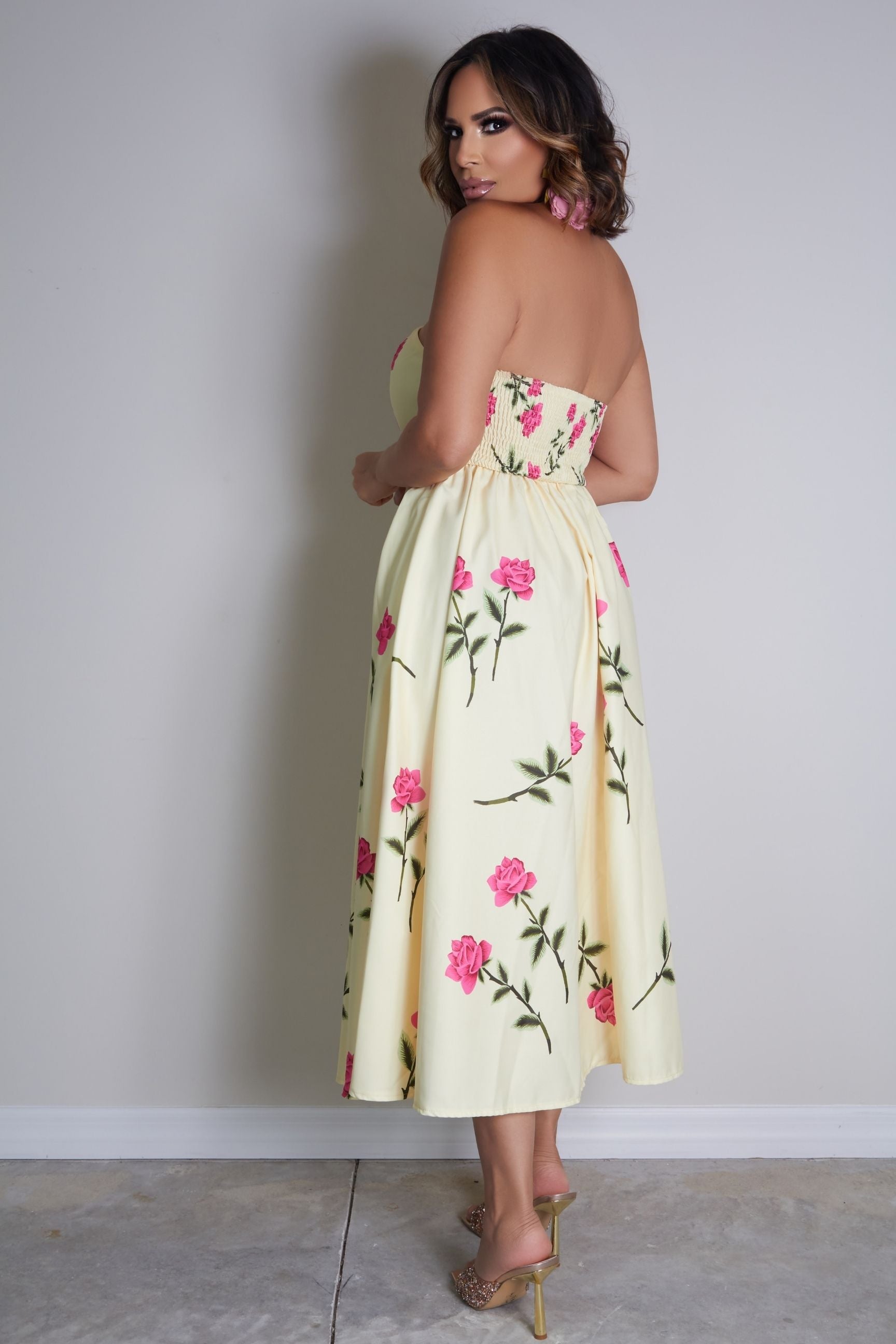 Avery Floral Printed Strapless Midi Dress