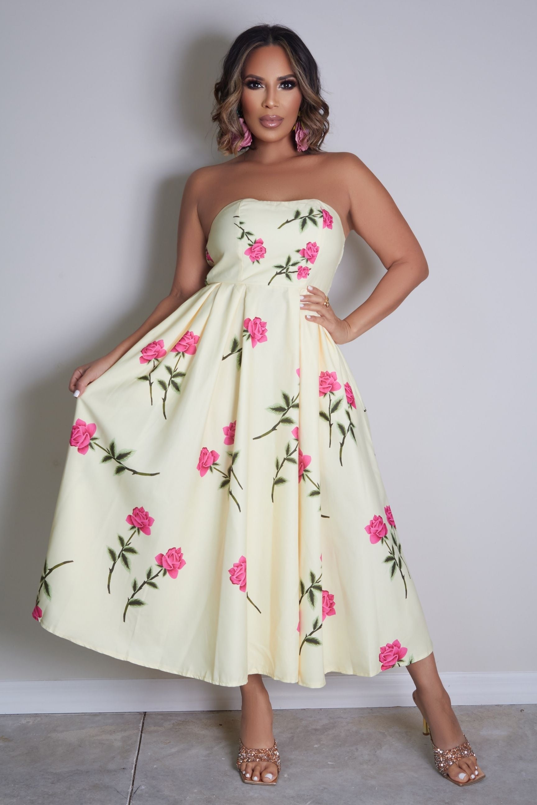 Avery Floral Printed Strapless Midi Dress