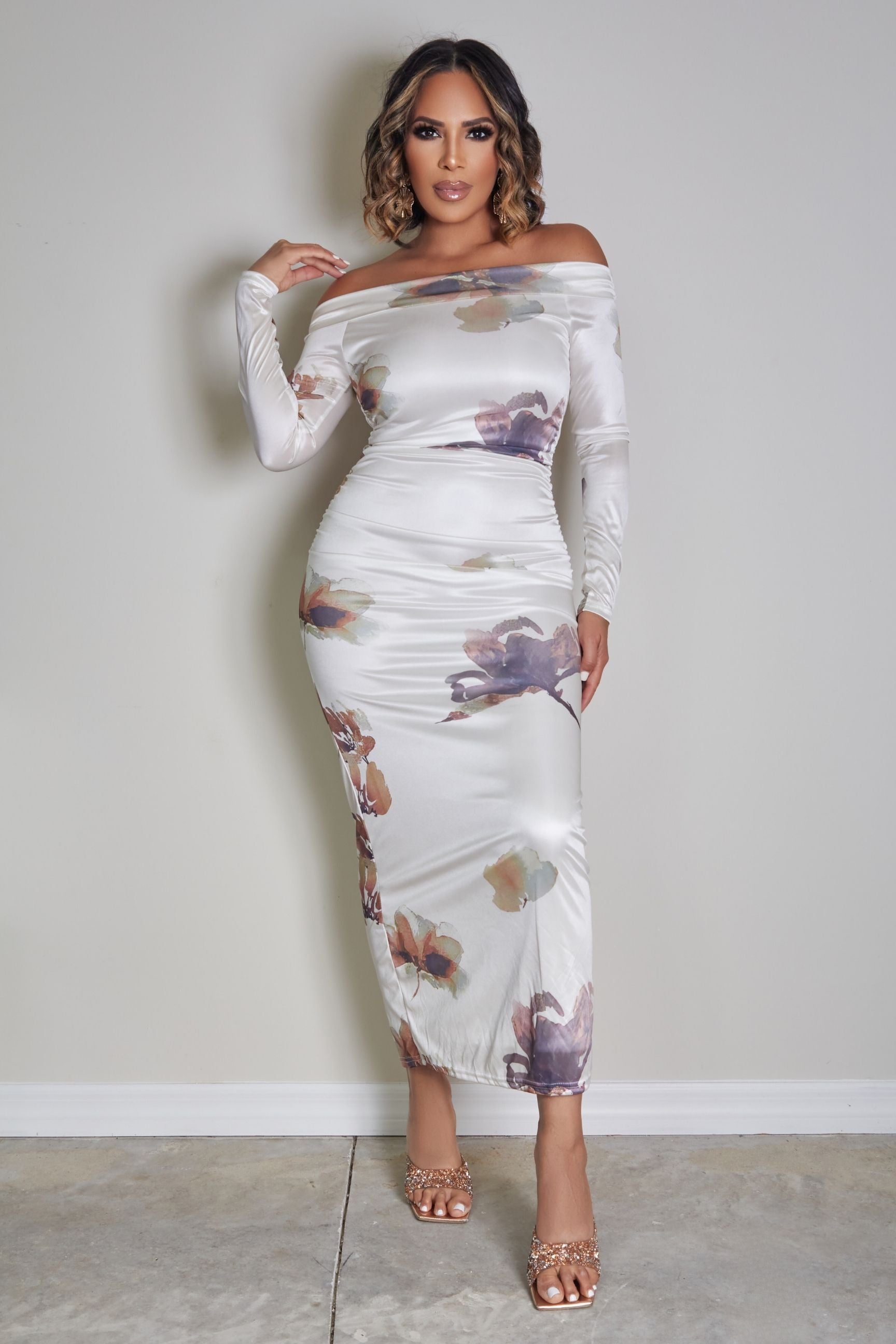 Ellen Floral Print Ruched Off Shoulder Long Sleeve Midi Dress