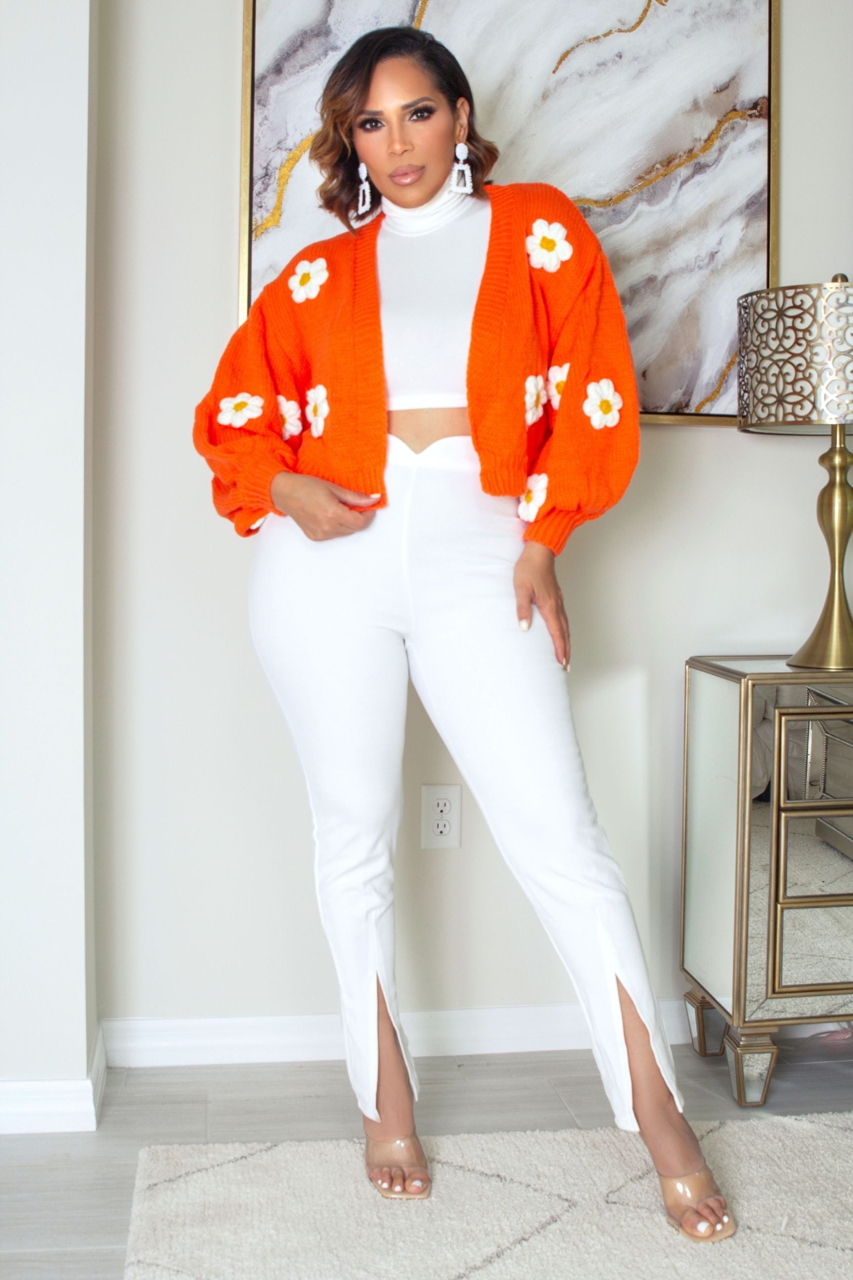 Floral Applique Bishop Sleeve Crochet Cardigan