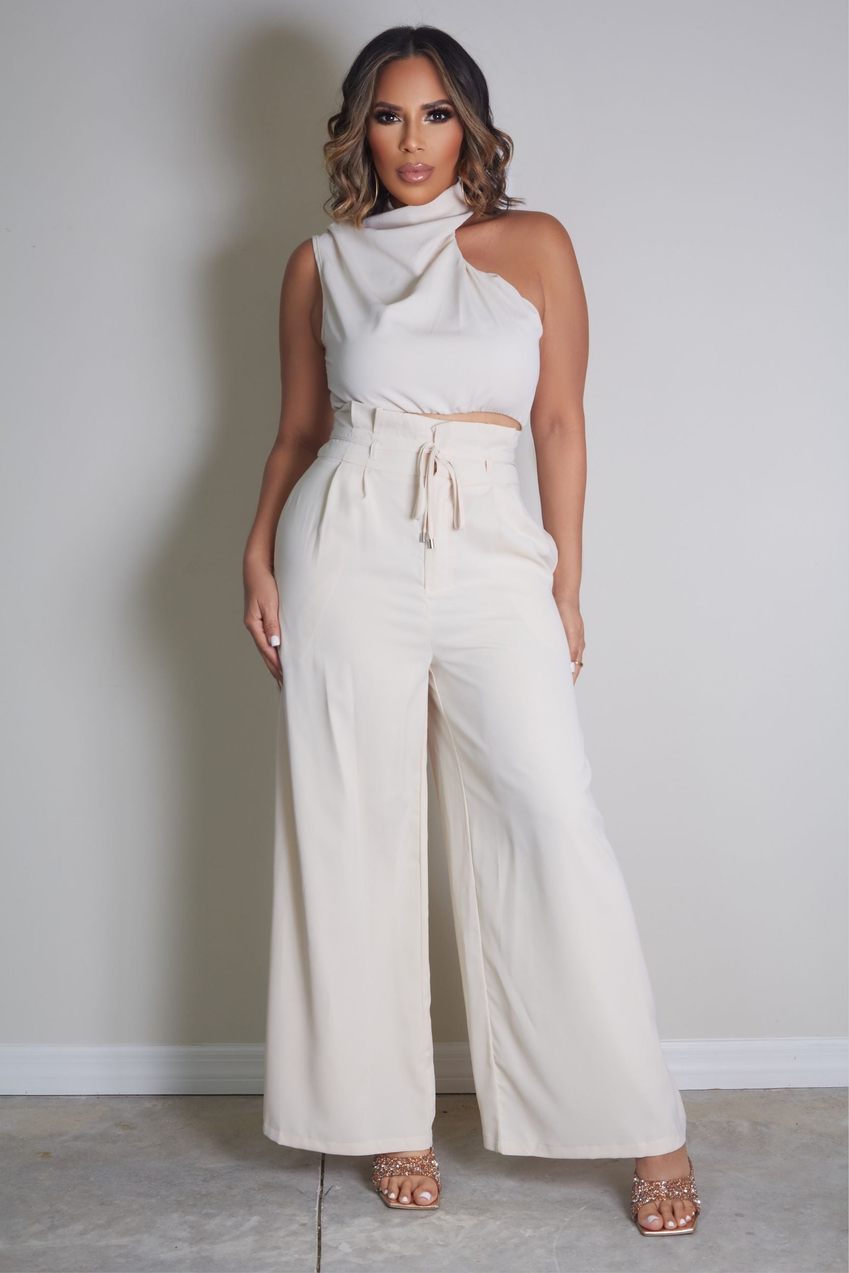 Mia Stacked Neck Top And Wide Leg Pants Two Piece Set