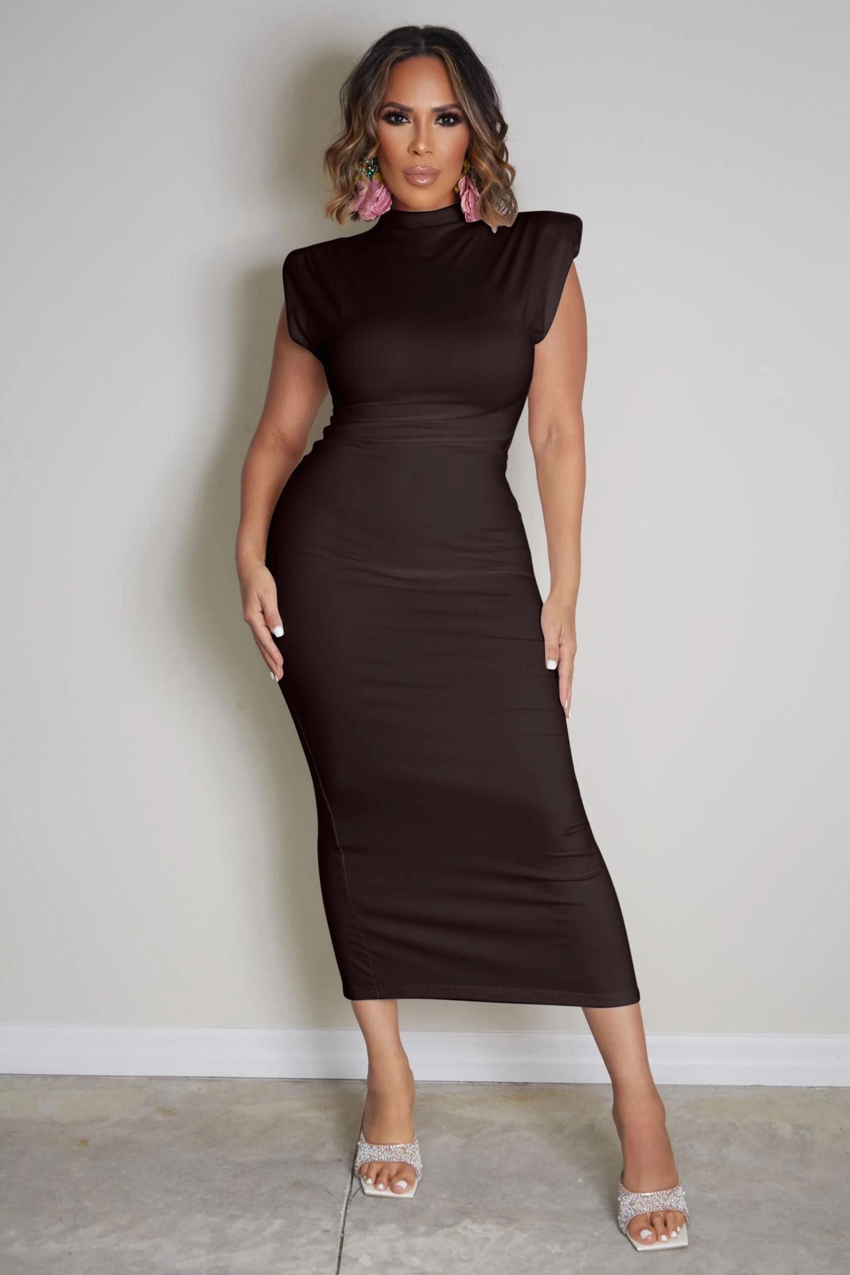 Miranda Mock Neck Padded Shoulder Bodycon Dress