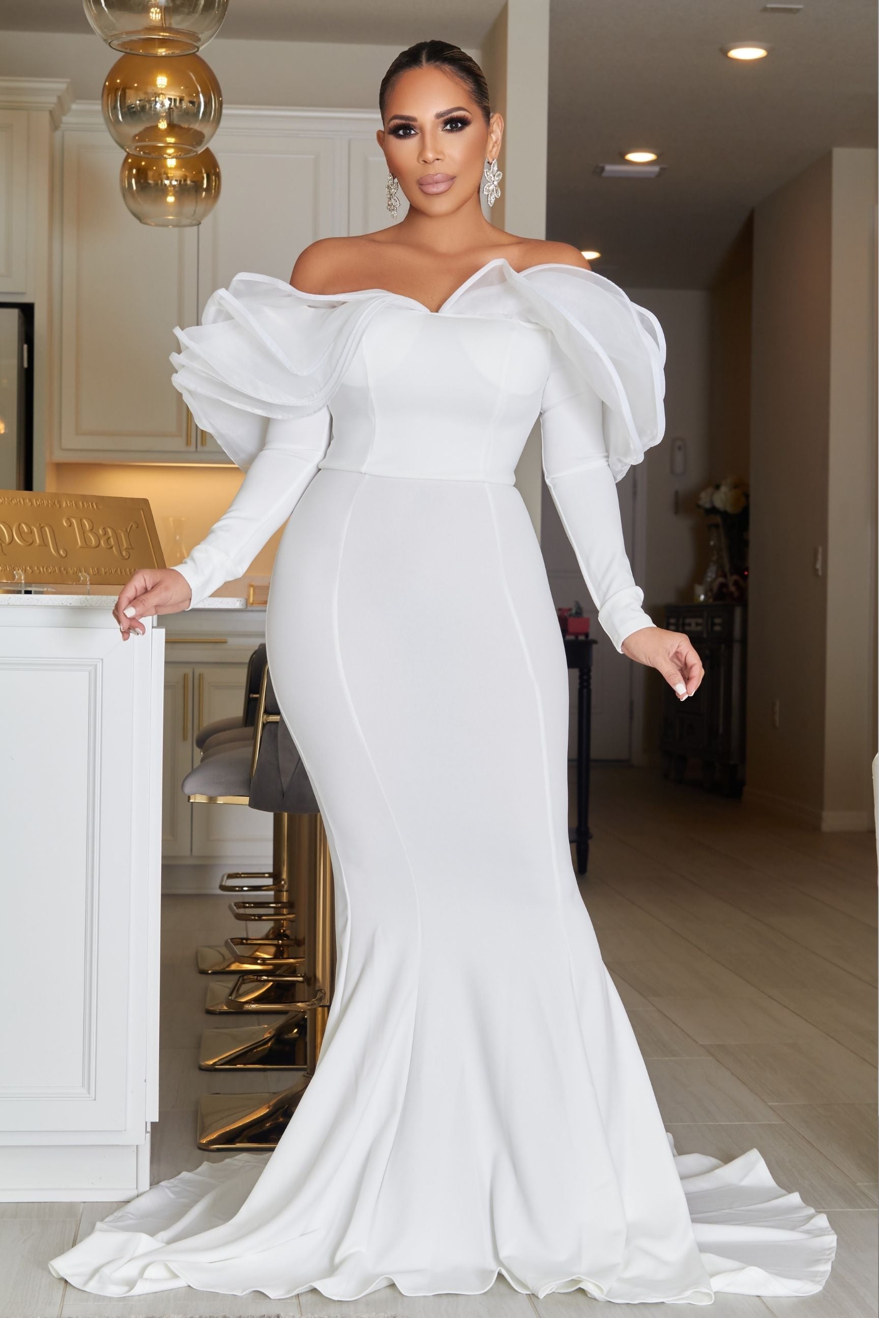 Off Shoulder Ruffle Trim Floor Length Bridal Dress