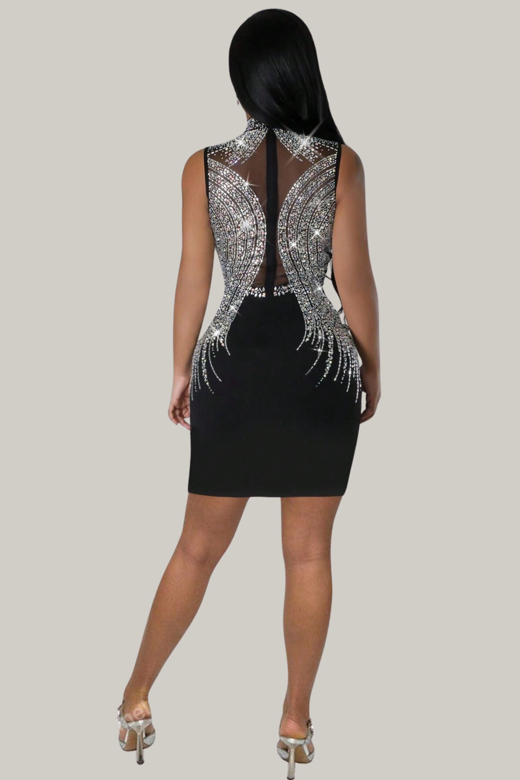 Rhinestone Mesh Mock Neck Sleeveless Sexy Dress