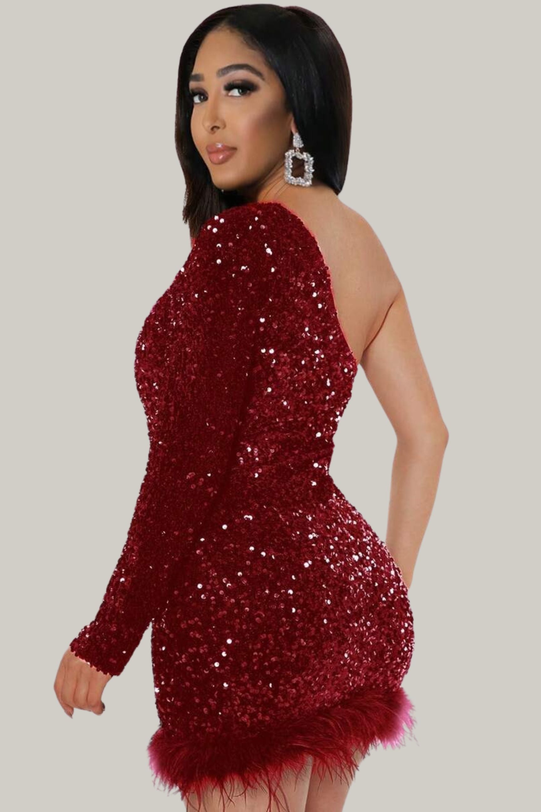 Serena Feather One Shoulder Sequin Dress