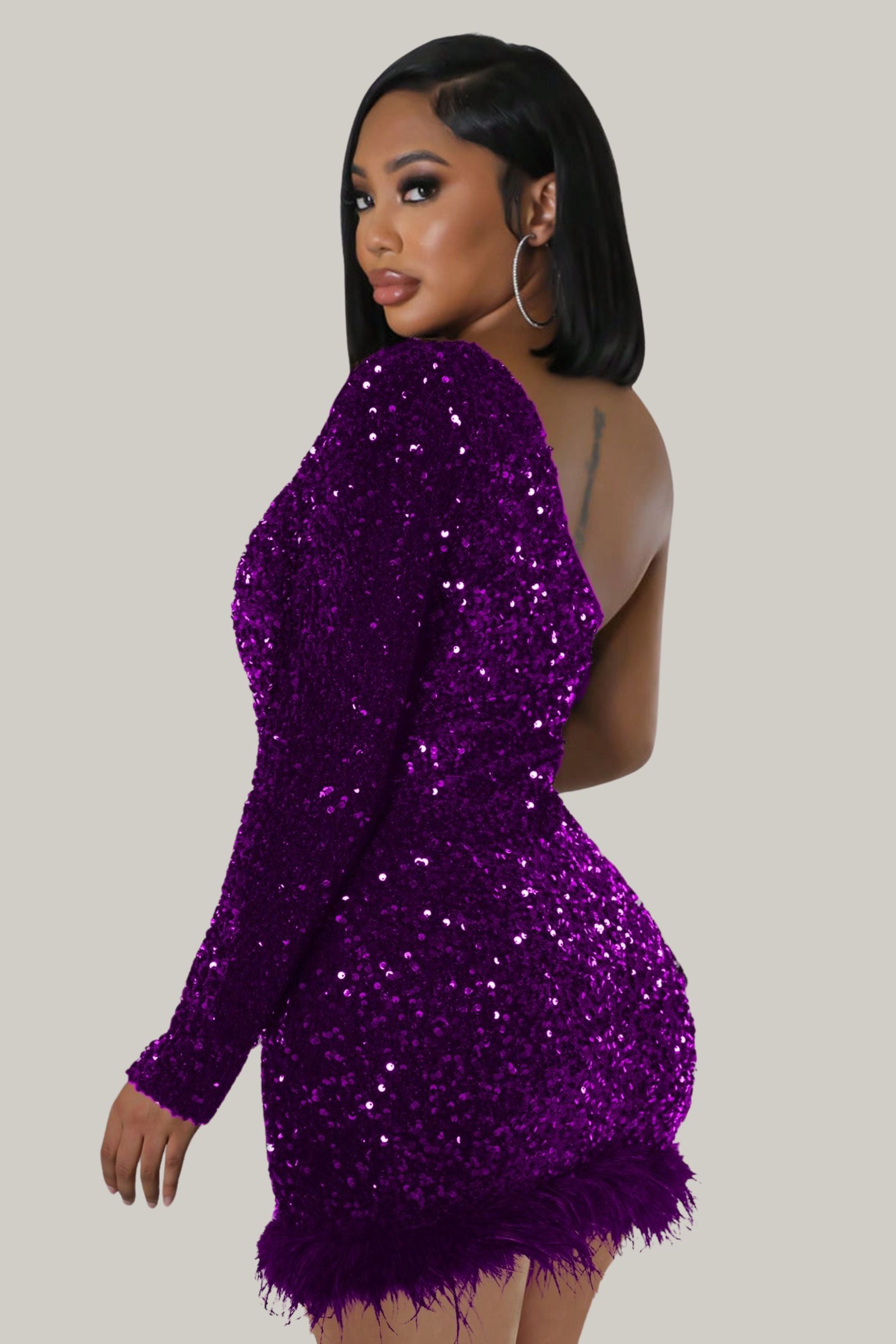 Serena Feather One Shoulder Sequin Dress