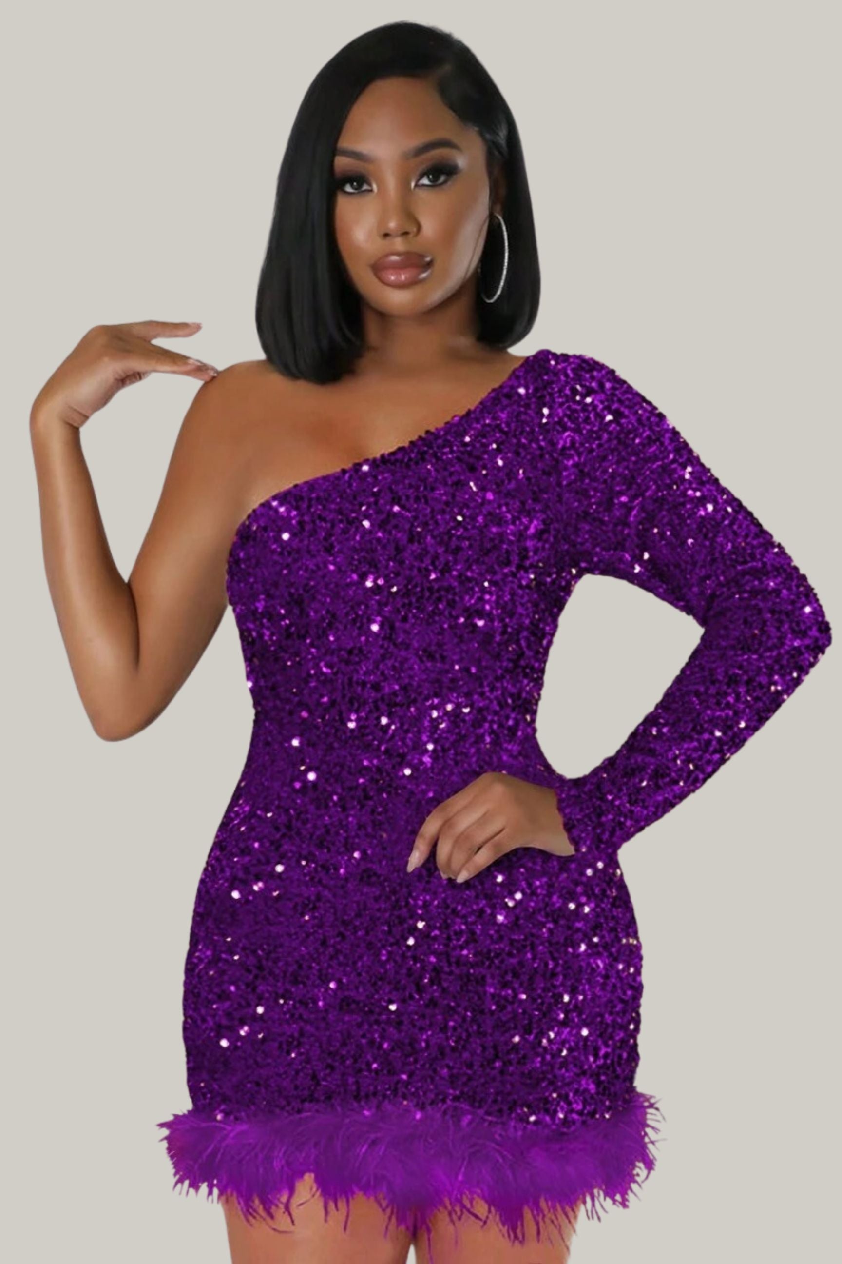 Serena Feather One Shoulder Sequin Dress