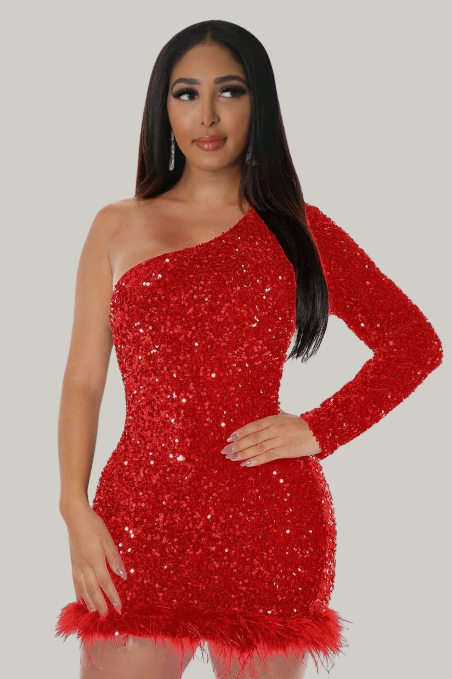 Serena Feather One Shoulder Sequin Dress