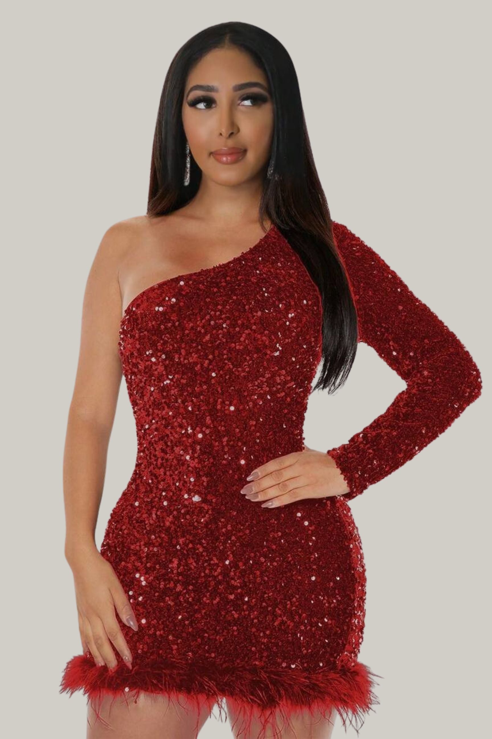 Serena Feather One Shoulder Sequin Dress