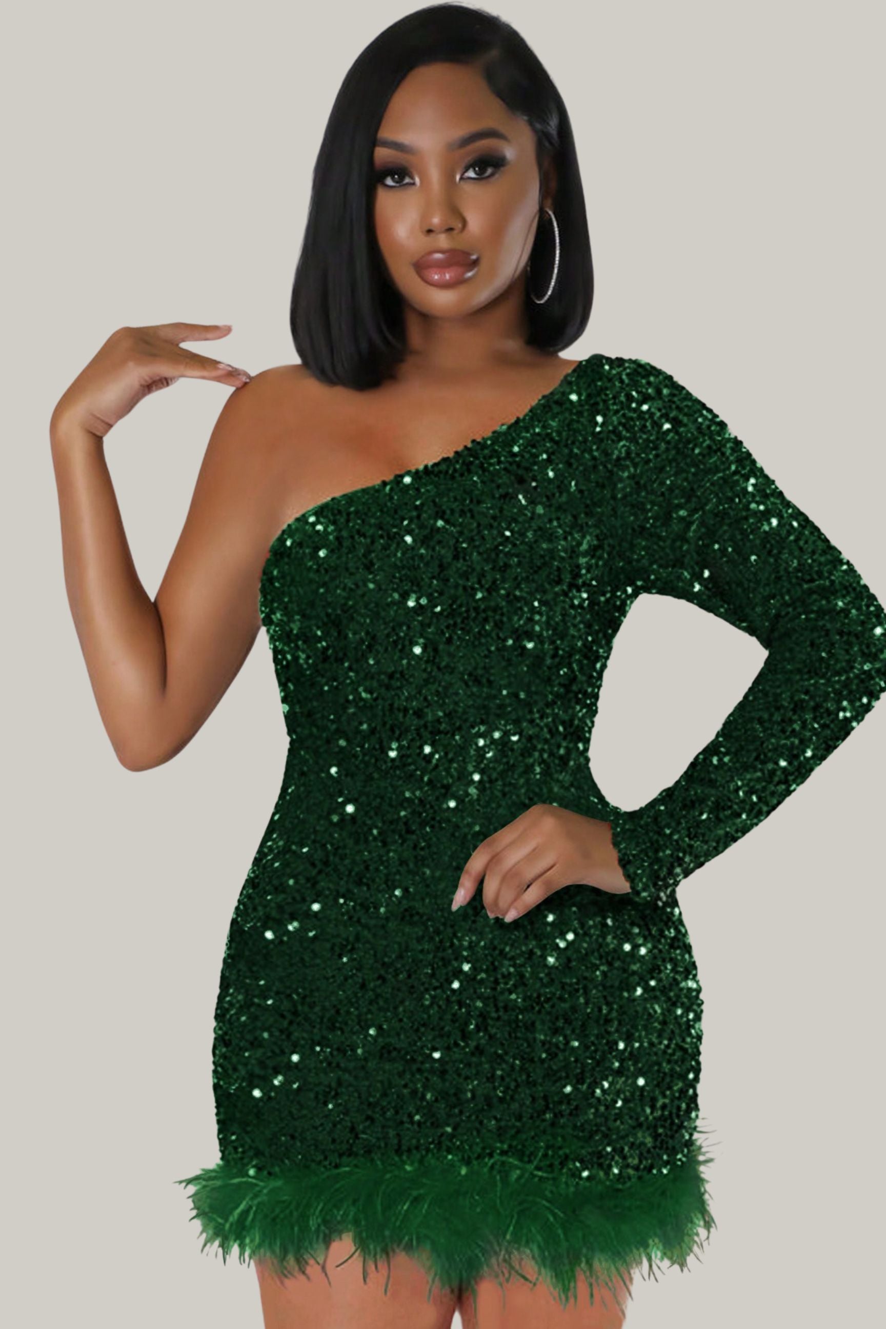 Serena Feather One Shoulder Sequin Dress