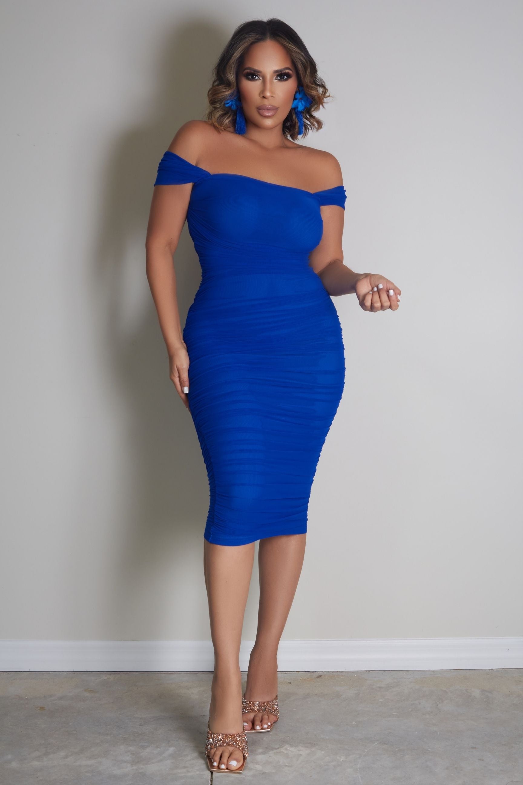 Siana Ruched Off Shoulder Midi Dress