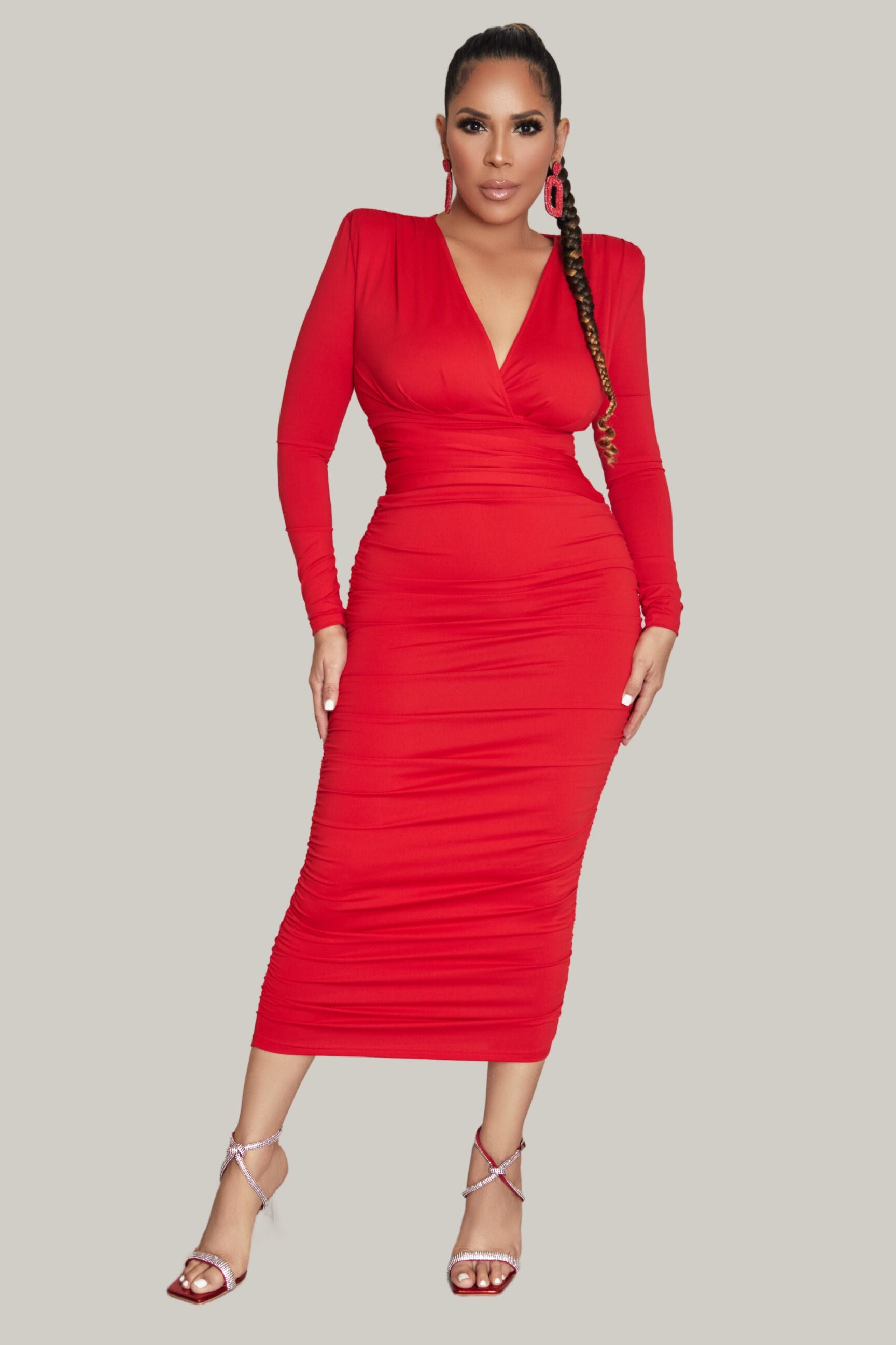 Slimming V Neck Ruched Bodycon Dress