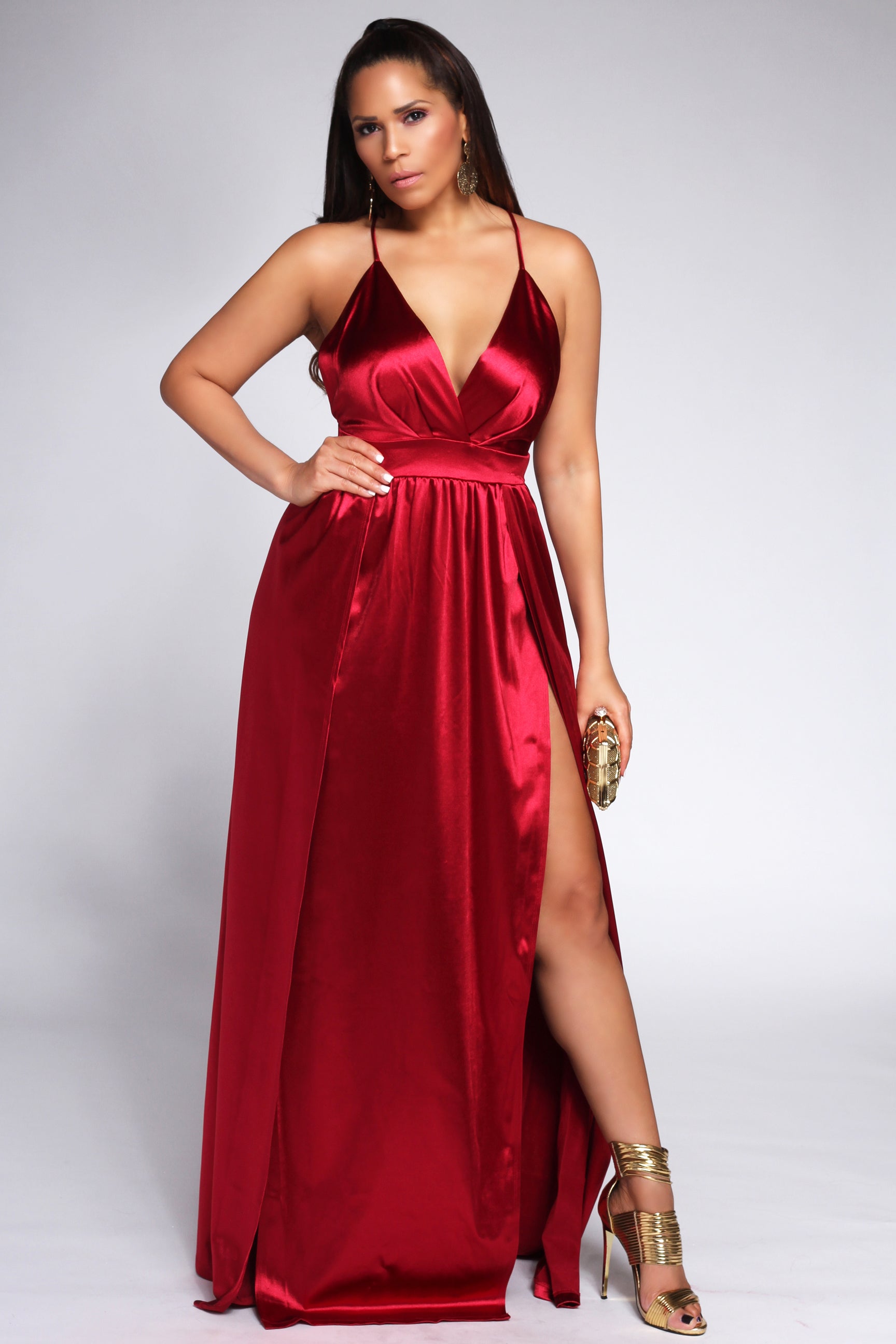 Montes Sexy Satin Deep V Neck Backless Party Evening Maxi Dress in Red - MY SEXY STYLES